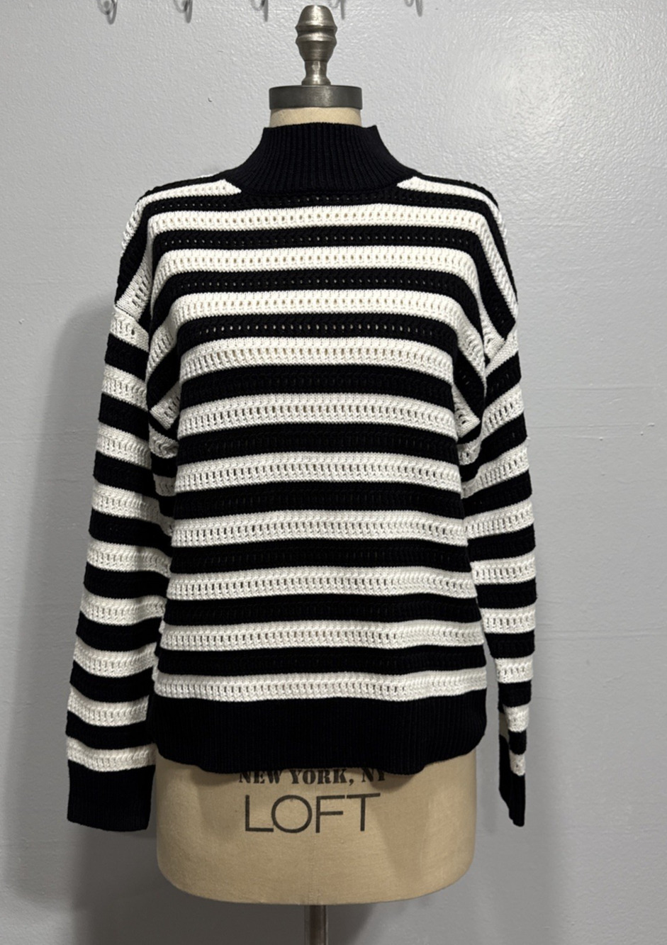 Time and Tru Women's Striped Mock Neck Pullover Sweater Size M Open Knit Boho